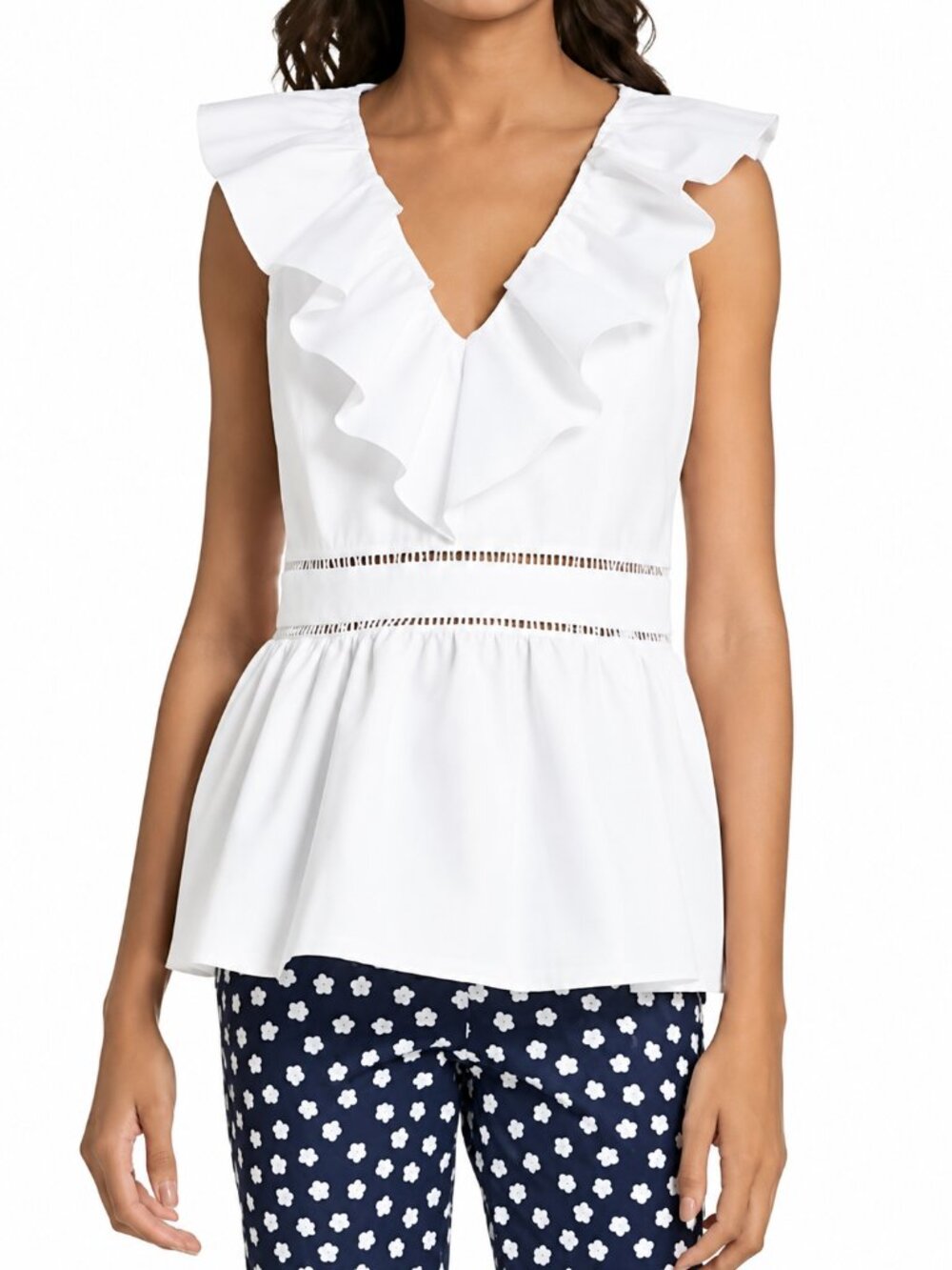 Kate Spade White Ruffle V-Neck Peplum Top Ladder Lace Trim Size 6